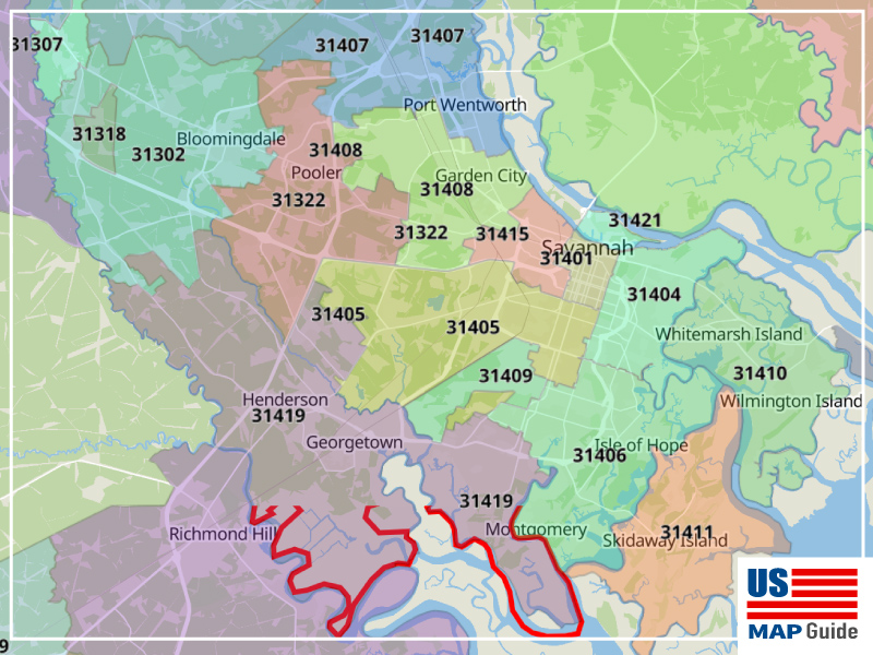 Savannah, GA Zip Code Map (11 Zip Codes) – US Map Guide